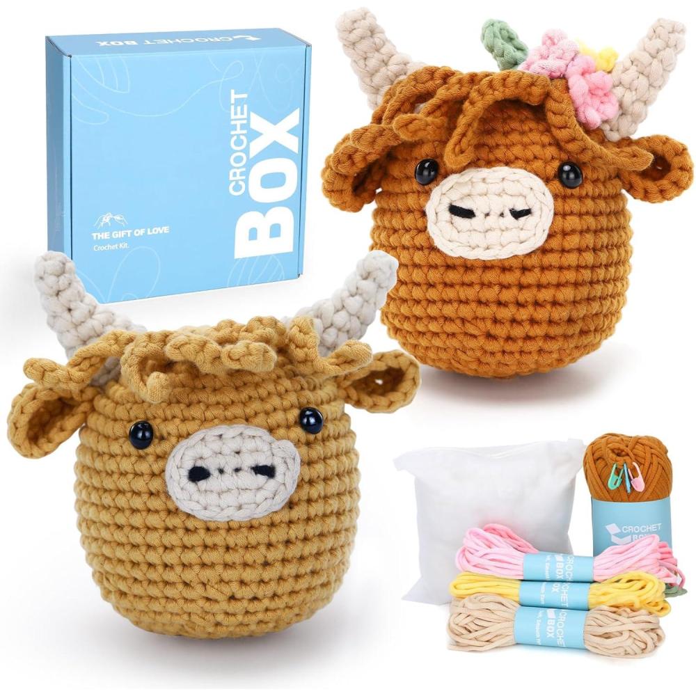image:imageCrochet Kit for Beginners Adults  Pig and Cow Starters Crochet Kit Beginners Crocheting Kitting for Adults Teen DIY Craft Gifts with Crochets Yarns Hook StepbyStep Video Instruction2 PCS Highland Cow and Brown Highland Cow