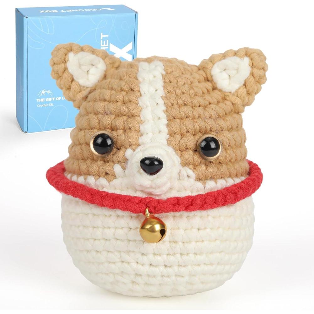 image:imageCrochet Kit for Beginners Adults  Pig and Cow Starters Crochet Kit Beginners Crocheting Kitting for Adults Teen DIY Craft Gifts with Crochets Yarns Hook StepbyStep Video InstructionKhaki Dog