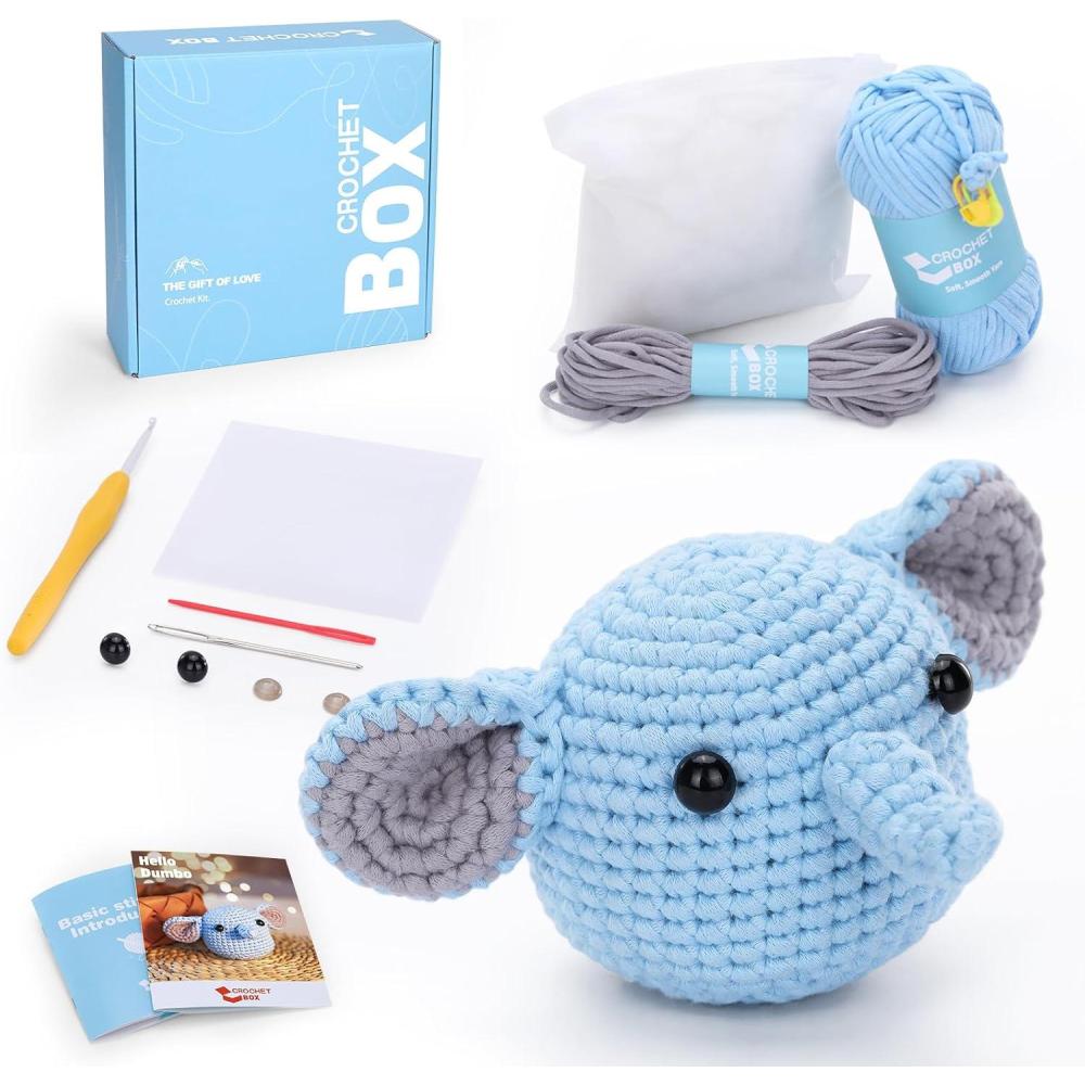 image:imageCrochet Kit for Beginners Adults  Pig and Cow Starters Crochet Kit Beginners Crocheting Kitting for Adults Teen DIY Craft Gifts with Crochets Yarns Hook StepbyStep Video InstructionElephant