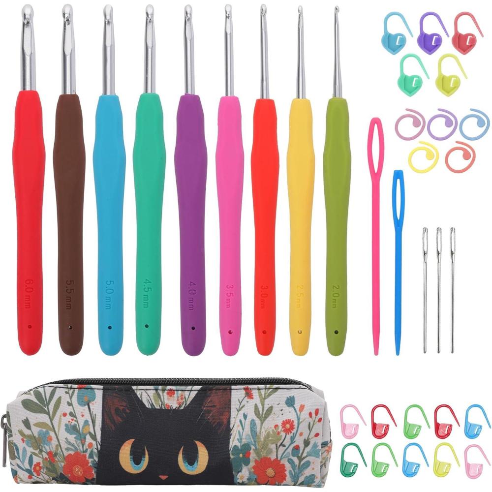 image:imageCrochetbox Crochet Hooks Set 18 Size 05mm10mmP Ergonomic Handles Crochet Hooks with Case for Arthritic Hands Kintting Needle with Crocheting Tool for Crocheters9 Size26mmblack cat case