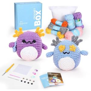 Crochet Kit for Beginners Adults – Pig and Cow Starters Crochet Kit, Beginners Crocheting Kitting for Adults Teen, DIY Craft Gifts with Crochets Yarns, Hook, Step-by-Step Video, Instruction(Axolotls)