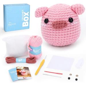 Crochet Kit for Beginners Adults – Pig and Cow Starters Crochet Kit, Beginners Crocheting Kitting for Adults Teen, DIY Craft Gifts with Crochets Yarns, Hook, Step-by-Step Video, Instruction(Pig)