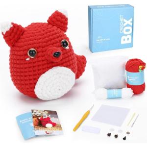 Crochet Kit for Beginners Adults – Pig and Cow Starters Crochet Kit, Beginners Crocheting Kitting for Adults Teen, DIY Craft Gifts with Crochets Yarns, Hook, Step-by-Step Video, Instruction(Red fox)