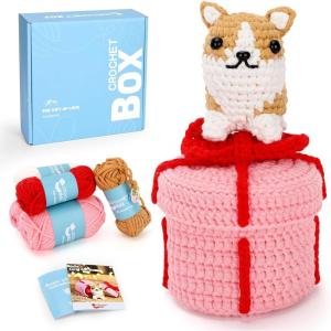 Crochet Kit for Beginners Adults – Pig and Cow Starters Crochet Kit, Beginners Crocheting Kitting for Adults Teen, DIY Craft Gifts with Crochets Yarns, Hook, Step-by-Step Video, Instruction(Corgi Dog)