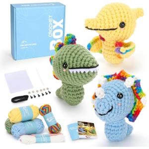 Crochet Kit for Beginners Adults – Pig and Cow Starters Crochet Kit, Beginners Crocheting Kitting for Adults Teen, DIY Craft Gifts with Crochets Yarns, Hook, Step-by-Step Video, Instruction(3pcs Dinosaurs)
