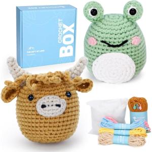 Crochet Kit for Beginners Adults – Pig and Cow Starters Crochet Kit, Beginners Crocheting Kitting for Adults Teen, DIY Craft Gifts with Crochets Yarns, Hook, Step-by-Step Video, Instruction(2 PCS Highland Cow and Frog)