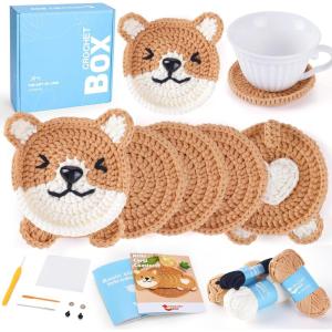 Crochet Kit for Beginners Adults – Pig and Cow Starters Crochet Kit, Beginners Crocheting Kitting for Adults Teen, DIY Craft Gifts with Crochets Yarns, Hook, Step-by-Step Video, Instruction(8 Pack Corgi Coasters)