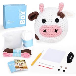 Crochet Kit for Beginners Adults – Pig and Cow Starters Crochet Kit, Beginners Crocheting Kitting for Adults Teen, DIY Craft Gifts with Crochets Yarns, Hook, Step-by-Step Video, Instruction(cow)