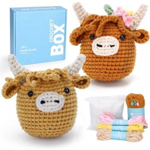 Crochet Kit for Beginners Adults – Pig and Cow Starters Crochet Kit, Beginners Crocheting Kitting for Adults Teen, DIY Craft Gifts with Crochets Yarns, Hook, Step-by-Step Video, Instruction(2 PCS Highland Cow and Brown Highland Cow)