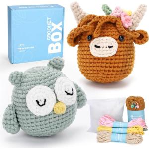 Crochet Kit for Beginners Adults – Pig and Cow Starters Crochet Kit, Beginners Crocheting Kitting for Adults Teen, DIY Craft Gifts with Crochets Yarns, Hook, Step-by-Step Video, Instruction(2 PCS Brown Highland Cow and Owl)