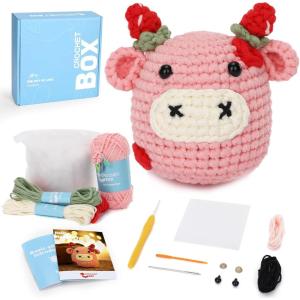 Crochet Kit for Beginners Adults – Pig and Cow Starters Crochet Kit, Beginners Crocheting Kitting for Adults Teen, DIY Craft Gifts with Crochets Yarns, Hook, Step-by-Step Video, Instruction(Pink Cow)