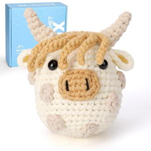 Crochet Kit for Beginners Adults – Pig and Cow Starters Crochet Kit, Beginners Crocheting Kitting for Adults Teen, DIY Craft Gifts with Crochets Yarns, Hook, Step-by-Step Video, Instruction(Polka Dot Highland Cow)