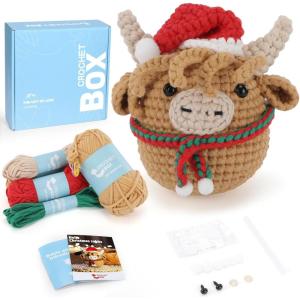 CrochetBox Christmas Crochet Kit for Beginners – Highland Cow Starters Crochet Kit, Beginners Crocheting Kitting for Adults Teen, Gifts with Crochets Yarns, Hook, Step-by-Step Video, Instruction