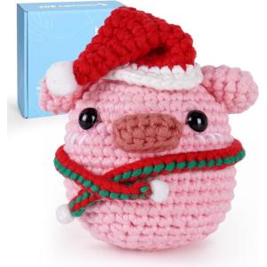 CrochetBox Crochet Kit for Beginners Adults – Christmas Pig Starters Crochet Kit, Beginners Crocheting Kitting for Adults Teen, Craft Gifts with Crochets Yarns, Hook, Step-by-Step Video, Instruction(Christmas Pig)