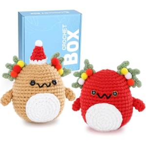 CrochetBox Crochet Kit for Beginners Adults – Christmas Pig Starters Crochet Kit, Beginners Crocheting Kitting for Adults Teen, Craft Gifts with Crochets Yarns, Hook, Step-by-Step Video, Instruction(2 pcs Axolotl)