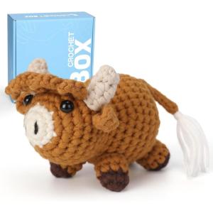 CrochetBox Crochet Kit for Beginners Adults – Starters Crochet Kit, Beginners Crocheting Kitting for Adults Teen, Craft Gifts with Crochets Yarns, Hook, Step-by-Step Video, Instruction(Highland Cow-01)