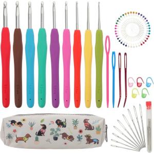 Crochetbox Crochet Hooks Set, 18 Size 0.5mm-10mm(P) Ergonomic Handles Crochet Hooks with Case for Arthritic Hands, Kintting Needle with Crocheting Tool for Crocheters(9 Size(2~6mm))