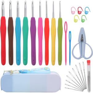 Crochetbox Crochet Hooks Set, 18 Size 0.5mm-10mm(P) Ergonomic Handles Crochet Hooks with Case for Arthritic Hands, Kintting Needle with Crocheting Tool for Crocheters(9 Size(2~6mm)(blue case))