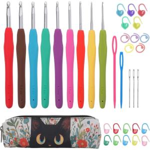 Crochetbox Crochet Hooks Set, 18 Size 0.5mm-10mm(P) Ergonomic Handles Crochet Hooks with Case for Arthritic Hands, Kintting Needle with Crocheting Tool for Crocheters(9 Size(2~6mm)(black cat case))